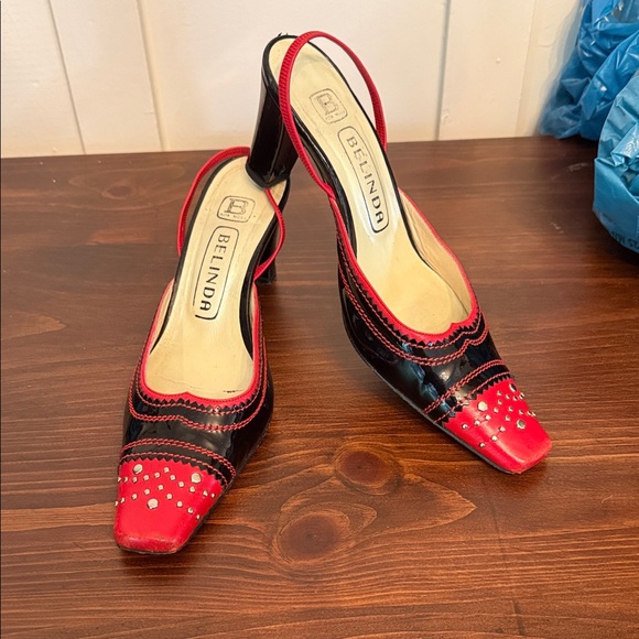 Shoes - Y2K Red Black Studded Slingback Heels Square Toe Punk Vintage 37